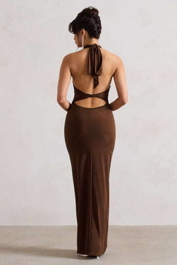 Larisa Dark Brown Cowl Halter-Neck Maxi Dress With Back Detail